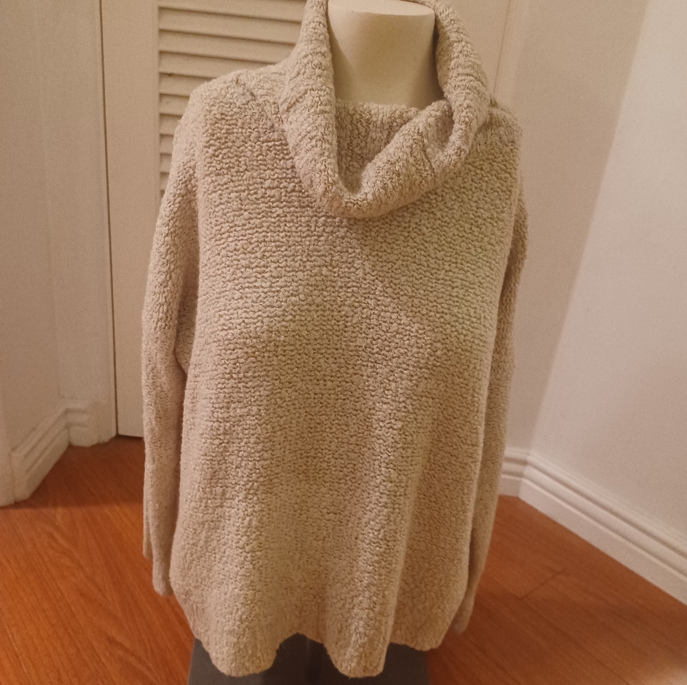 Oversized Chunky Neutral Minimalist Teddy Sweater M Cowl Cozy Knit Top tan beige
